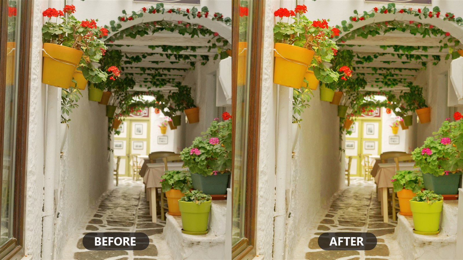 Street with geraniums, before and after Color Boost, side by side