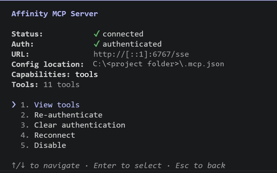Claude Code /mcp view: Affinity MCP Server connected and authenticated at http://[::1]:6767/sse with 11 tools