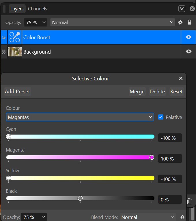 Affinity Layers panel showing the Color Boost adjustment layer above the Background layer